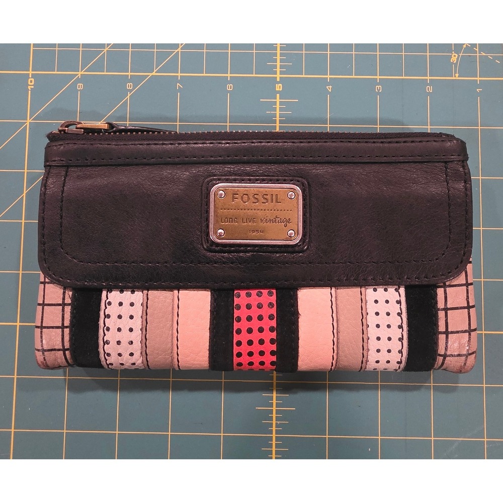 Fossil Long Live Vintage Lamb Skin Leather Wallet Multi Color Stripe
